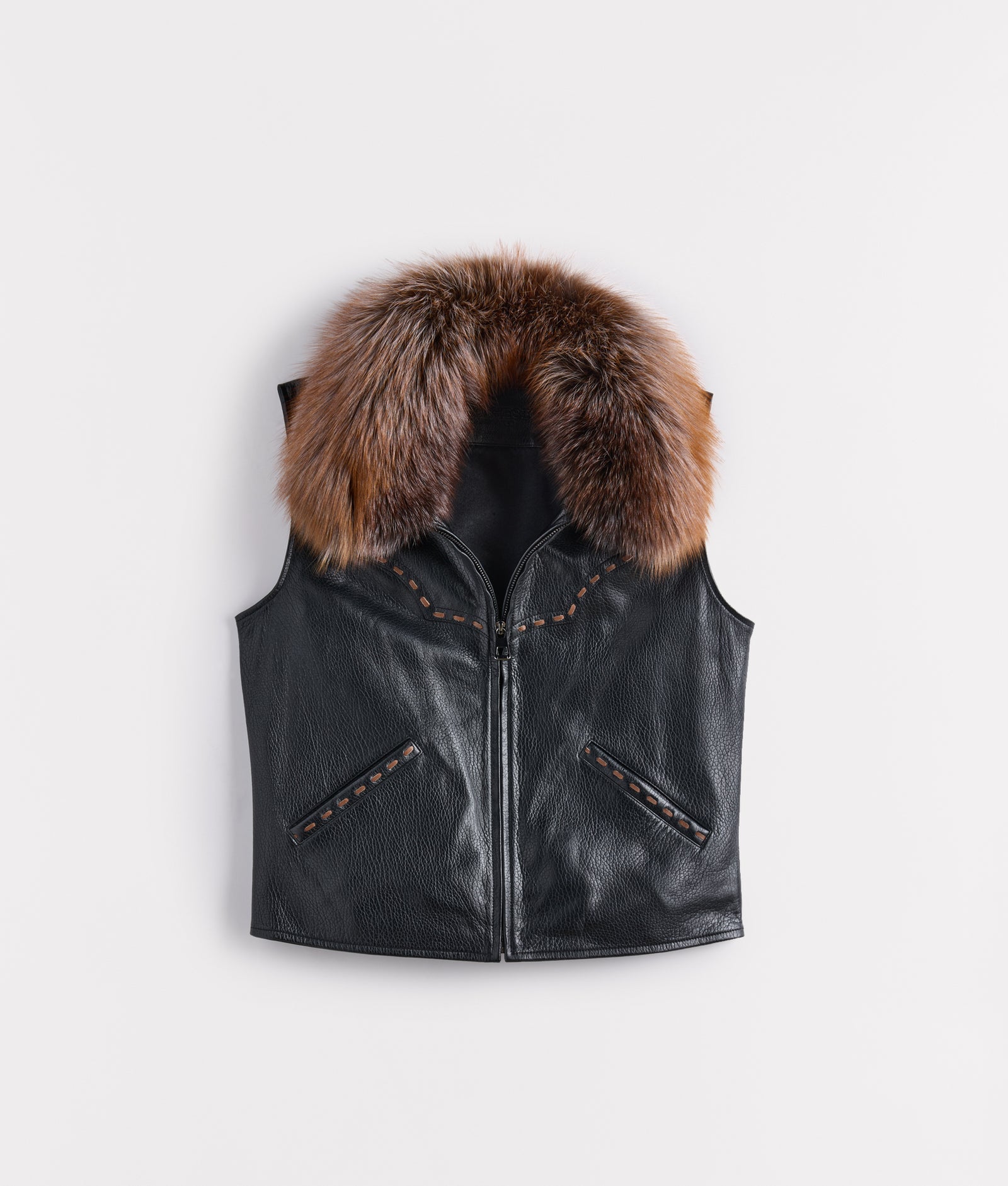 Aspen Leather Vest With Fox Collar :: Black product image