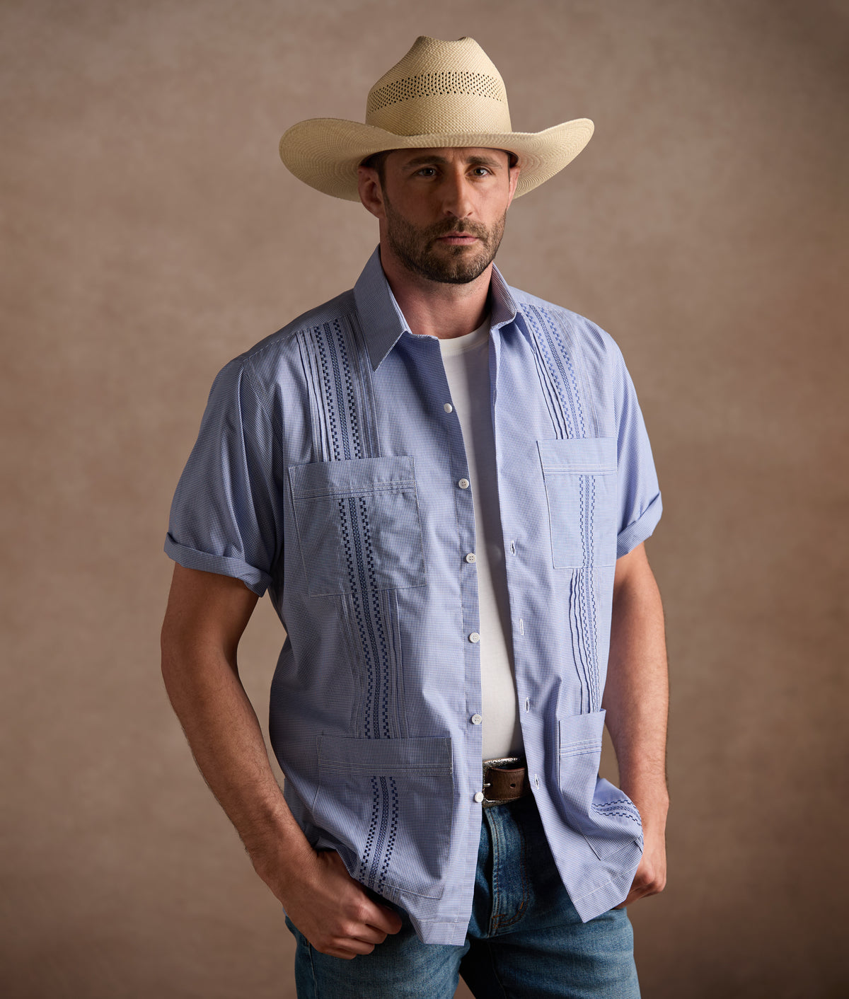 Guayabera Shirt :: Light Blue And White Gingham 3
