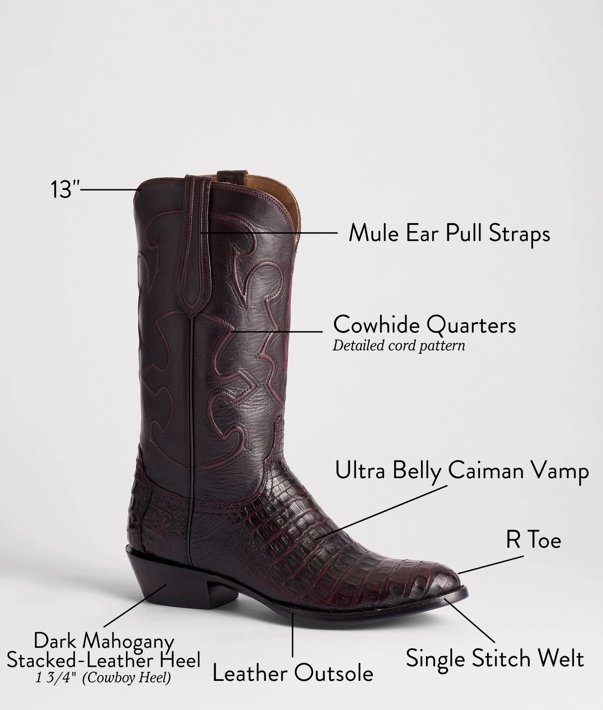 Charles Black Cherry + Cordovan boot detail: Ultra Belly Caiman vamp, Cowhide Quarters, Mule Ear Pull Straps, Dark Mahogany stacked-leather cowboy heel 18